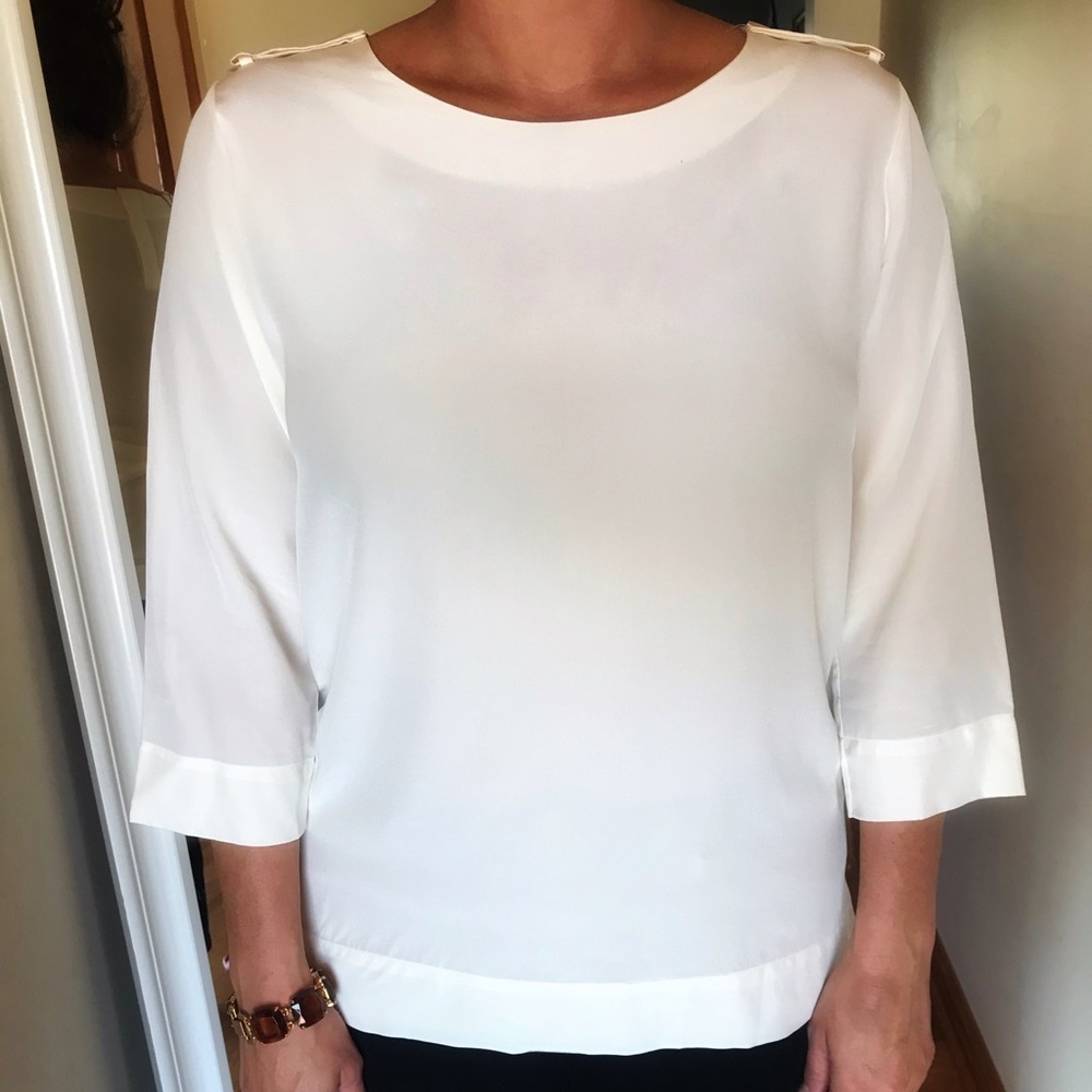 New White Lacoste Silk Blouse Three Quarter Sleeve